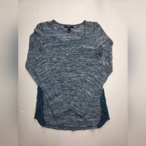 Forever 21 Blue Marled Knit Top Small Long Sleeve Crochet Lace Side Detail